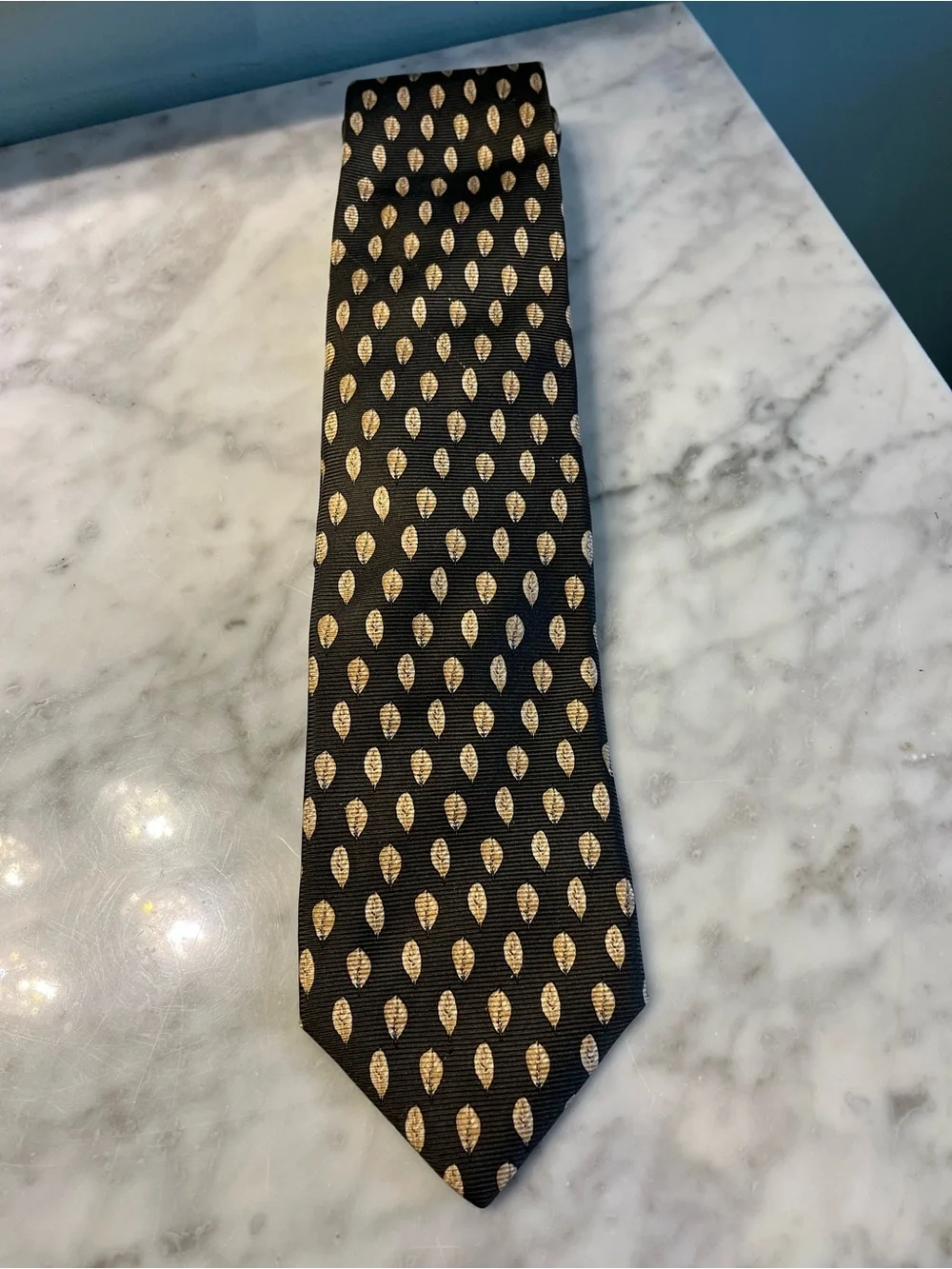 Lands' End Black Tie with Gold Teardrop Pattern